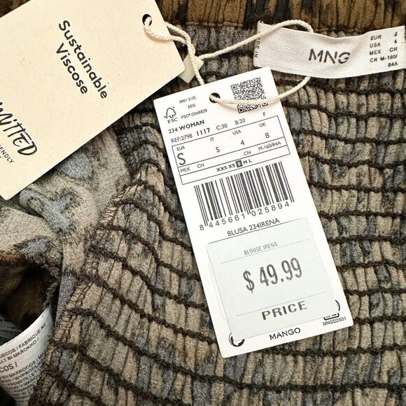 Mango MNG Leopard Animal Print Ruched Sleeve Smocked Back Top NWT Size 4 - Picture 7 of 9